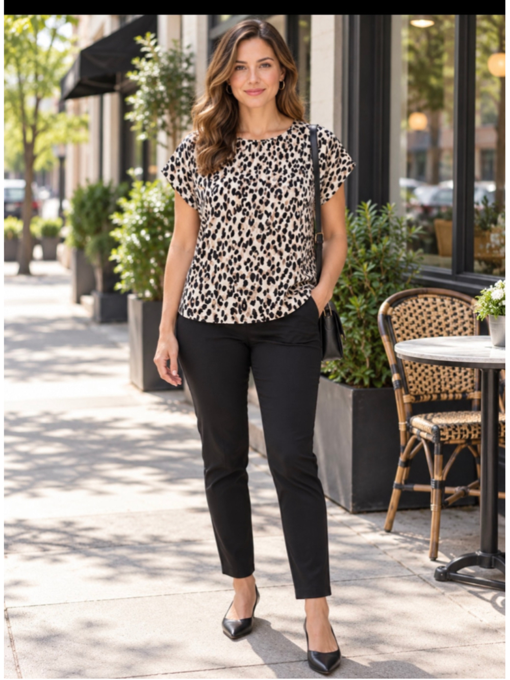 Women's Halogen Leopard Print Short Sleeve Tee, Size L, Beige and Black